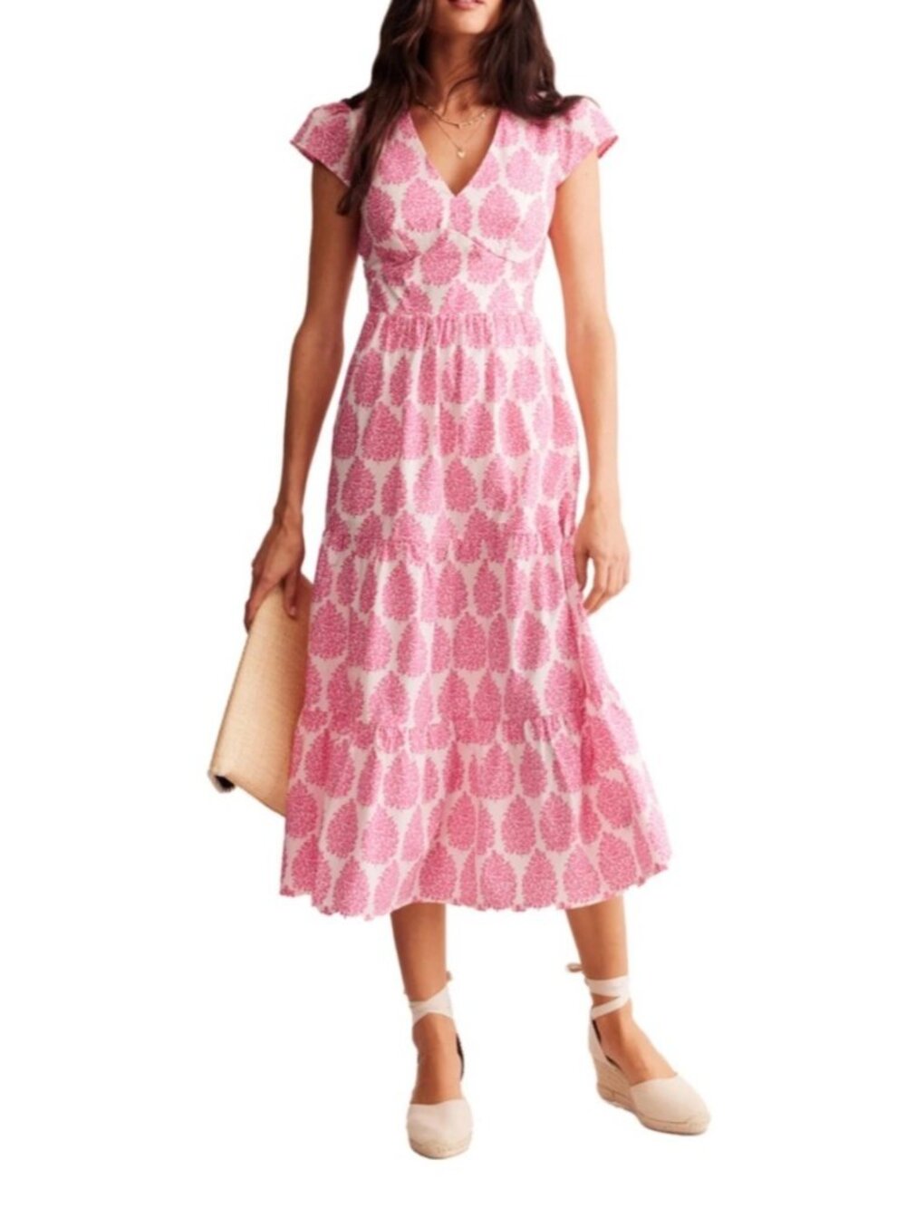 Boden May Pink Floral Short Sleeve Cotton Midi Dress US 16-18r